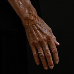 Hand of old woman on a black background.