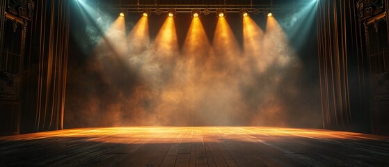 Theater Stage with Blue Spotlight and Smoke - obrazy, fototapety, plakaty