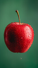 Fresh red apple with water splashes on a blurred background copyspace