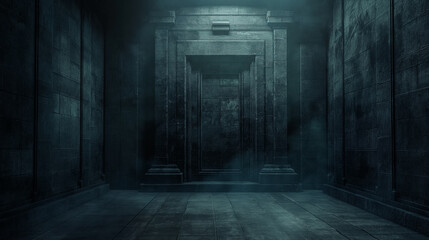 Mysterious corridor with eerie blue lighting. - obrazy, fototapety, plakaty