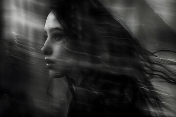 Cinematic blur art photography of a woman face with mood, a blurred motion camera photography of people, concept art for illustration of psychological problems, for music album or book covers - obrazy, fototapety, plakaty