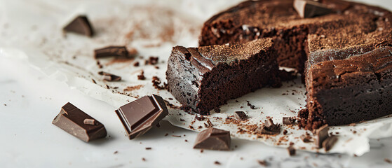product photo, a minimalist shot of a gourmet chocolate cake, close up, with empty copy space