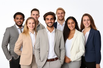 professionalism as a group of businesspersons, dressed in formal suits, smiles confidently in front of a pristine white backdrop, radiating success and unity.