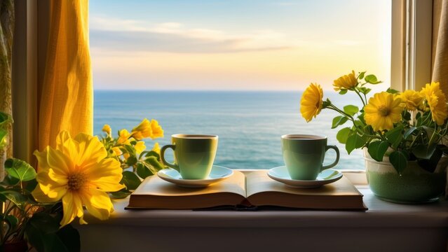 a window with a few cups of coffee and books overlooking the sea, fresh green american style, spring fresh flower garden photo, fresh morning air bright sunrise