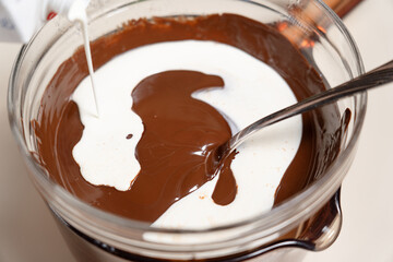 Making sauce with melting chocolate and thickened cream. Cooking Salted Caramel Chocolate Cold Cake Series.