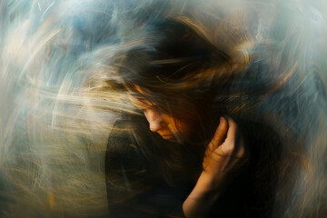 Cinematic blur art photography of a woman face with mood, a blurred motion camera photography of people, concept art for illustration of psychological problems, for music album or book covers