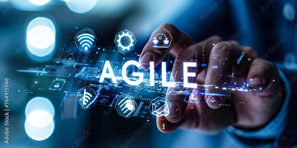 Poster businessperson utilizing agile methodology framework with virtual interface icons for project manage