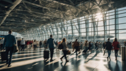 Flughafentrubel im Gegenlicht: Reisende zwischen Ankunft und Abflug - Bewegungsunschärfe, Langzeitbelichtung