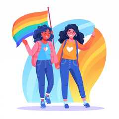 Lesbians, two girls love, rainbow flag, LGBT, pride Generation AI