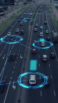 Smart intelligent road traffic concept, self-driving driverless cars moving through urban intersection. Remote control with artificial intelligence, safe transportation roads of the future