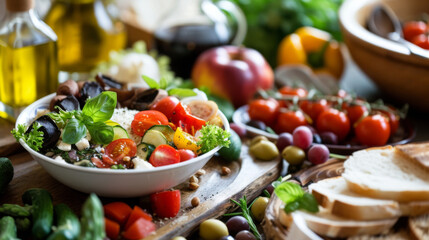 Greek salad with olives and feta cheese among a feast of Mediterranean ingredients