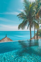 Fototapeta na wymiar Pool with Palm Tree Overlooking the Sea