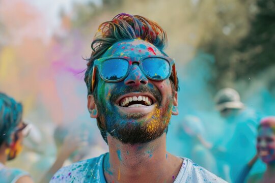 Man celebrates Holi festival with colorful paint and friends.