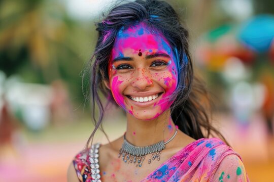 Indian girl in traditional dress celebrates Holi Festival with colorful paint.