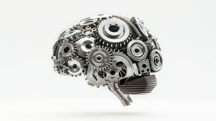 Metalic brain made from engine parts. Represent engineering idea conception