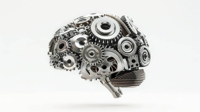 Metalic brain made from engine parts. Represent engineering idea conception