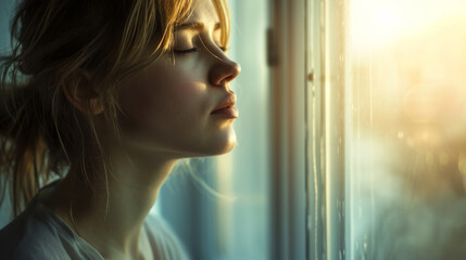 Woman with eyes closed enjoying the warmth of sunlight by a window