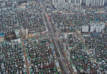 Aerial view of Seoul Downtown Skyline, South Korea. Financial district and business centers in smart urban city in Asia. Skyscraper and high-rise buildings. - 764917995