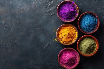 Obraz na płótnie Canvas Colorful Holi Powder in Bowls on Dark Background