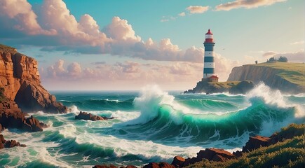 lighthouse on the coast of the atlantic ocean - obrazy, fototapety, plakaty