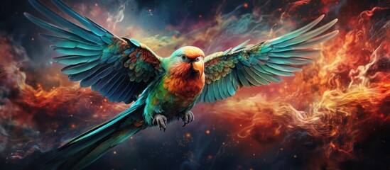 Vividly colored parrot flying gracefully through intense flames, showcasing its stunning feathers and agility in action - obrazy, fototapety, plakaty