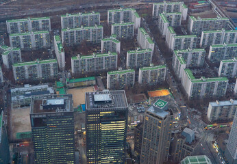Aerial view of Seoul Downtown Skyline, South Korea. Financial district and business centers in smart urban city in Asia. Skyscraper and high-rise buildings. - 764919961