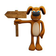 Playful 3D Dog Holds Wooden Left Arrow Sign board - Transparent background