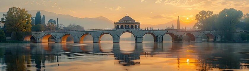 A timeless bridge spanning a river, connecting ancient stone with modern steel, symbolizing...
