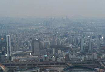 Aerial view of Seoul Downtown Skyline, South Korea. Financial district and business centers in smart urban city in Asia. Skyscraper and high-rise buildings. - 764920764