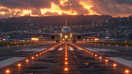 An airplane is landing on a runway at the airport in beautiful sunset light.