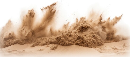 Picture of tall giraffes standing on a sandy beach with sand being blown up into the air by the wind