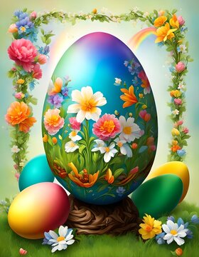 Easter egg featured with floral allegories and bright colors and rainbow background.