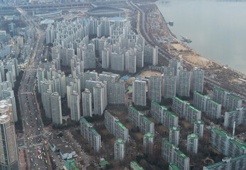Aerial view of Seoul Downtown Skyline, South Korea. Financial district and business centers in smart urban city in Asia. Skyscraper and high-rise buildings. - 764921539