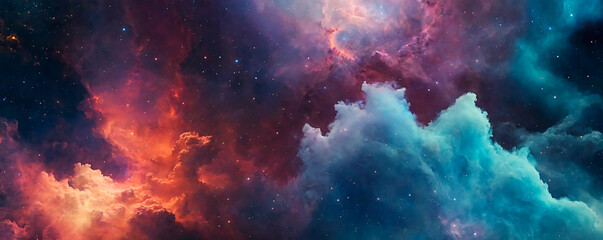 Abstract colorful deep space background with cosmic clouds and gas. In banner format. Panoramic view of Universe.