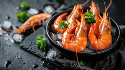 Red shrimps in a black plate bowl with ice and parsley on a black table in a luxury restaurant. Shrimp day. Copy space
