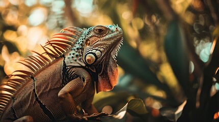 Fototapeta premium closeup of an iguana on a tree branch