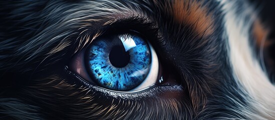 Detailed shot focusing on the eye of a dog, showcasing the intricate patterns, colors, and...