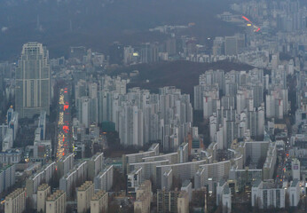 Aerial view of Seoul Downtown Skyline, South Korea. Financial district and business centers in smart urban city in Asia. Skyscraper and high-rise buildings.