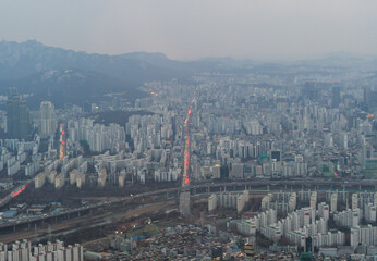 Aerial view of Seoul Downtown Skyline, South Korea. Financial district and business centers in smart urban city in Asia. Skyscraper and high-rise buildings.
