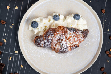croissant filled with chocolate top view