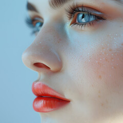 Closeup shot of a womans face showing red lips, blue eyes, and flawless skin