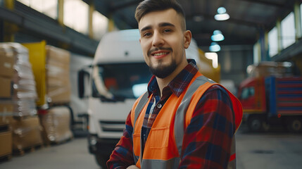 A man in an orange vest stands in front of a truck. He is smiling and he is happy - obrazy, fototapety, plakaty