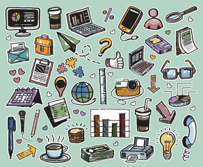 Set of hand drawn object doodle with labtop, bottle, food, coffee, camera and lifestyle elements. Cartoon sketch style. Vector illustration for activity life design concept.
- 764923369