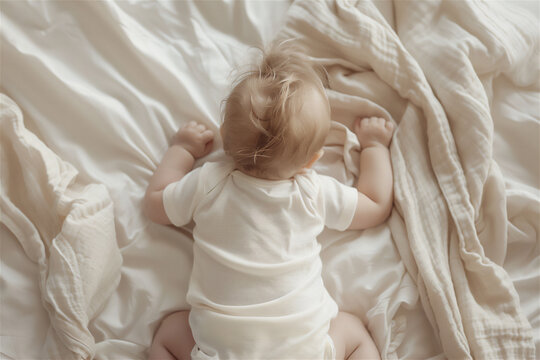 A photo of a baby lying on a white bed sheet