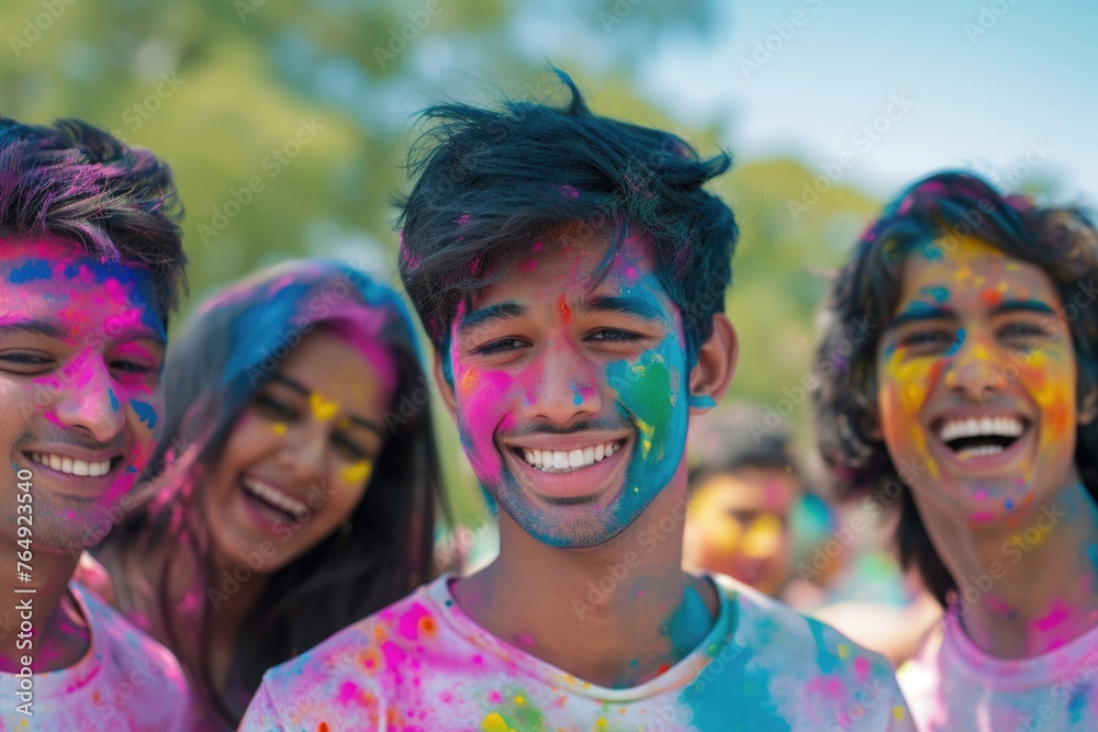 Wall mural Young Indians celebrate Holi festival with colorful paint.