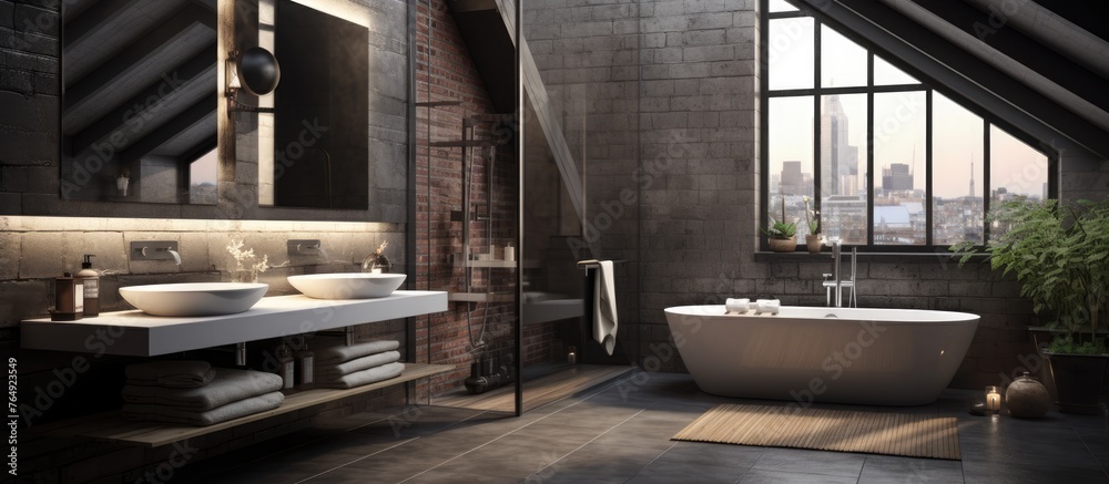 Wall mural Modern bathroom featuring a spacious tub and a sink for personal hygiene and grooming routines