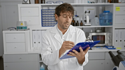 A focused hispanic man with a beard reviews notes in a laboratory, embodying professionalism in healthcare.