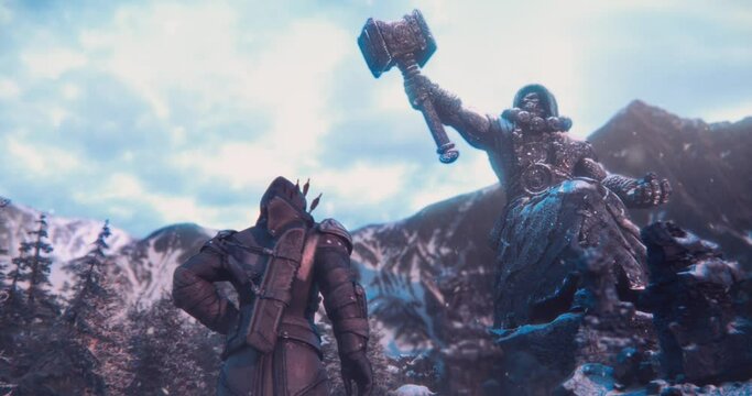 Animation of fantasy hooded adventurer, walking away from camera, towards a large stone statue on a snowy mountain scene.