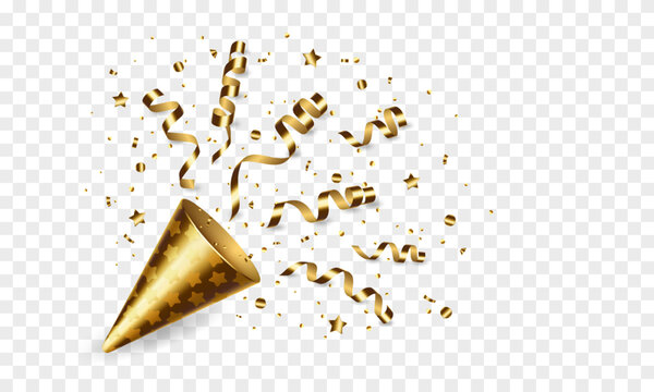 Vector exploding realistic golden party popper with gold ribbons and confetti. Decor for invitation, greeting card, banner for anniversary or birthday.