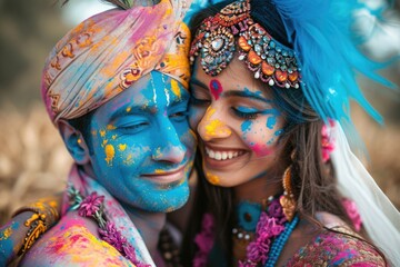 Young couple dressed as Radha and Krishna playing Holi on Janmashtami.